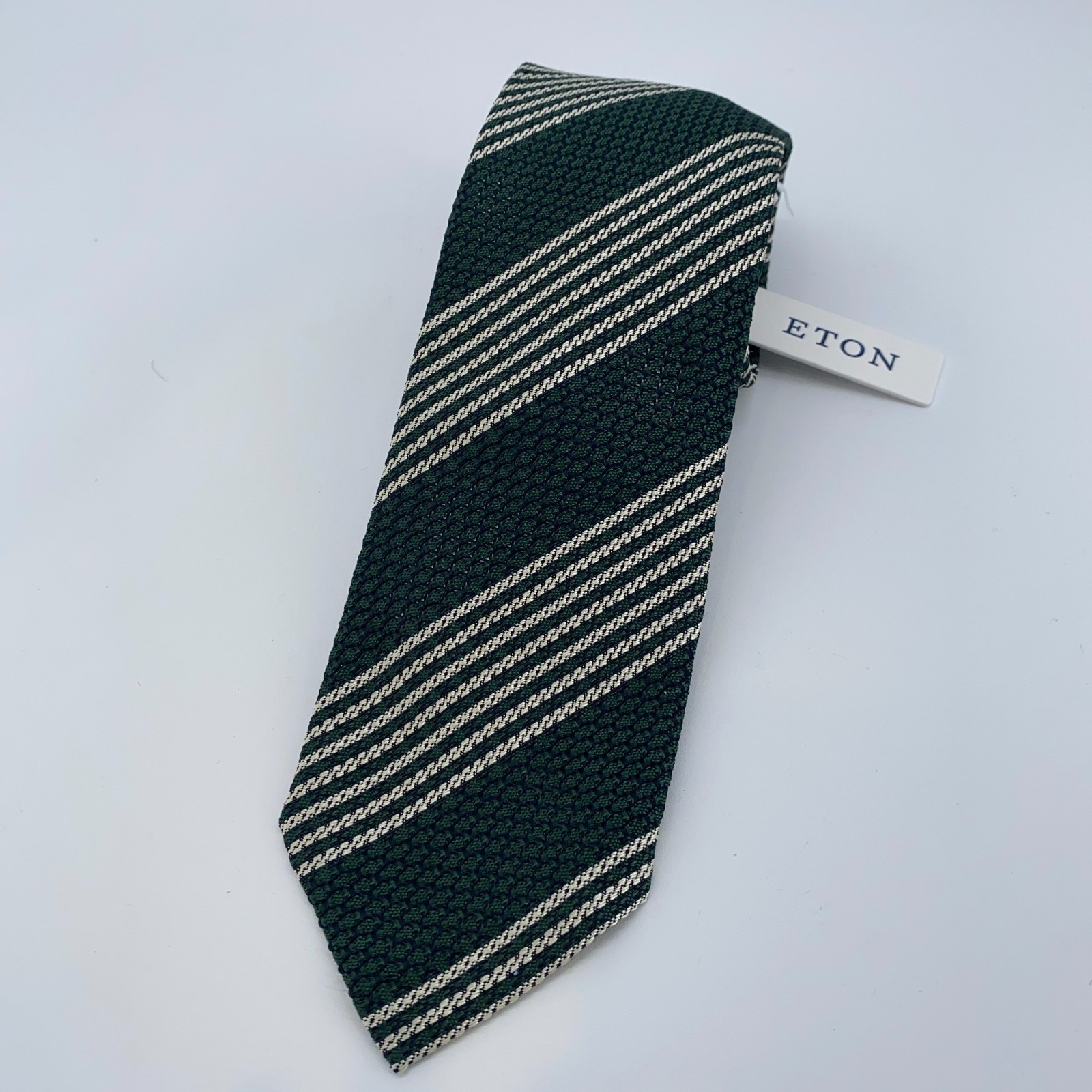 Eton Tie Mens One Size Green Beige Striped Classic Fit Necktie Italy Made Nwt